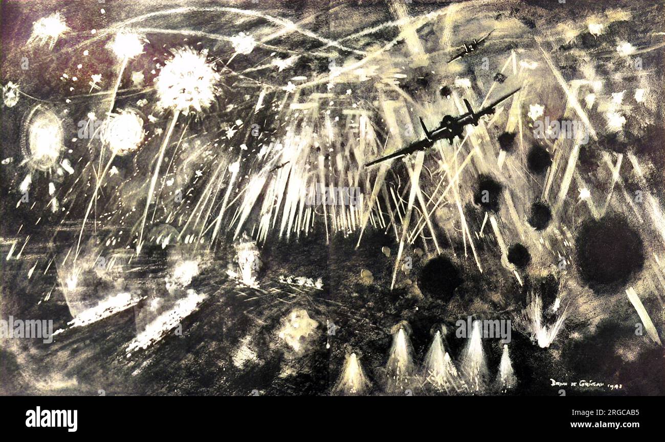 Die Abbildung zeigt die Bomber der Royal Air Force, die im Frühjahr 1943 auf ihr Ziel von Berlin zusteuern. Diese Zeichnung zeigt verschiedene Arten der deutschen Flugabwehr, die neu in der Schlacht waren, nämlich „Giant Daisies“ und „Catherine Wheels“, die links zu sehen sind. Stockfoto