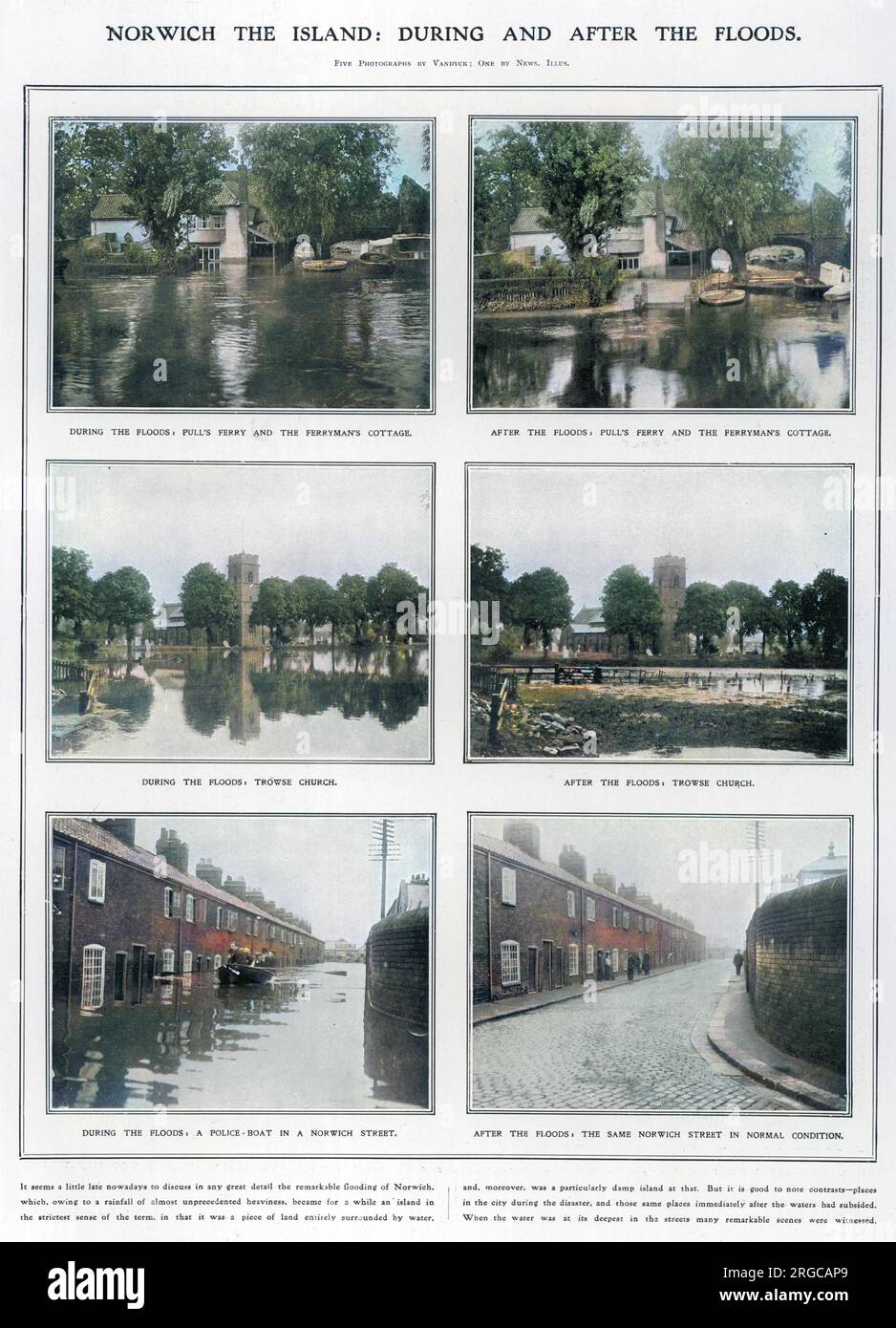Fotografien, die das Ausmaß der Überschwemmungen vor und nach dem starken Niederschlag im August 1912 in Norwich zeigen. Stockfoto