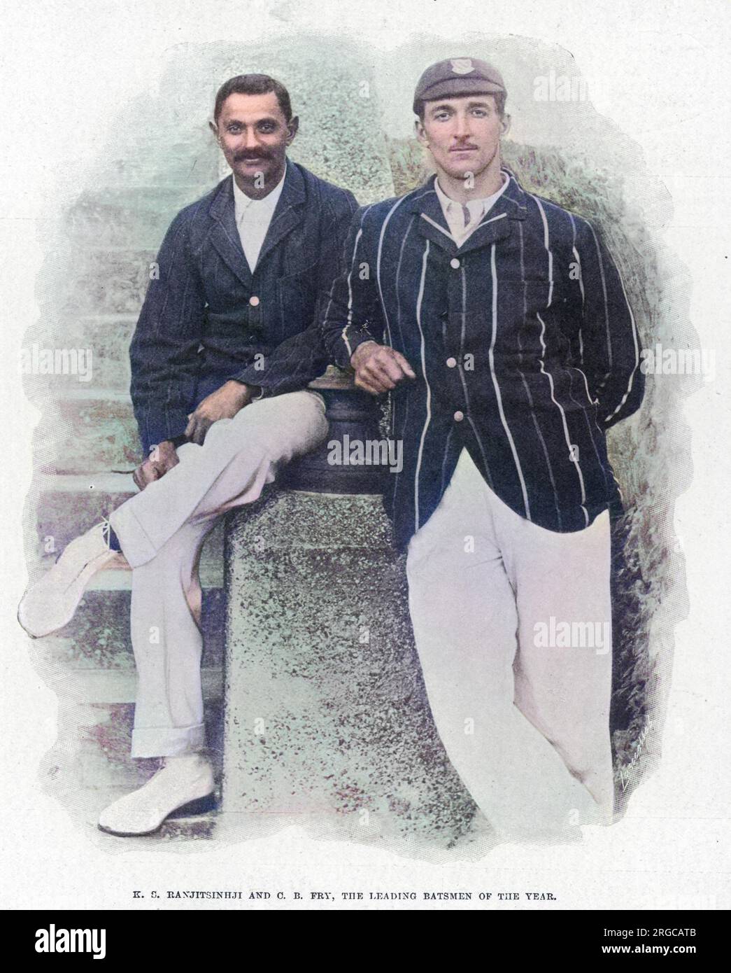 Die führenden Schlagmänner des Jahres 1901, Cricketspieler K.S. Ranjitsinhji (1872-1933) und C.B. Fry (Charles Burgess Fry 1872-1956). Stockfoto