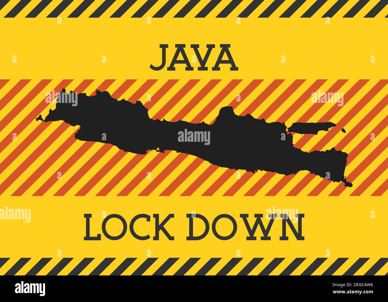 Java Lockdown Sign. Gelbes Symbol für Pandemiegefahr auf der Insel. Vektorabbildung. Stock Vektor
