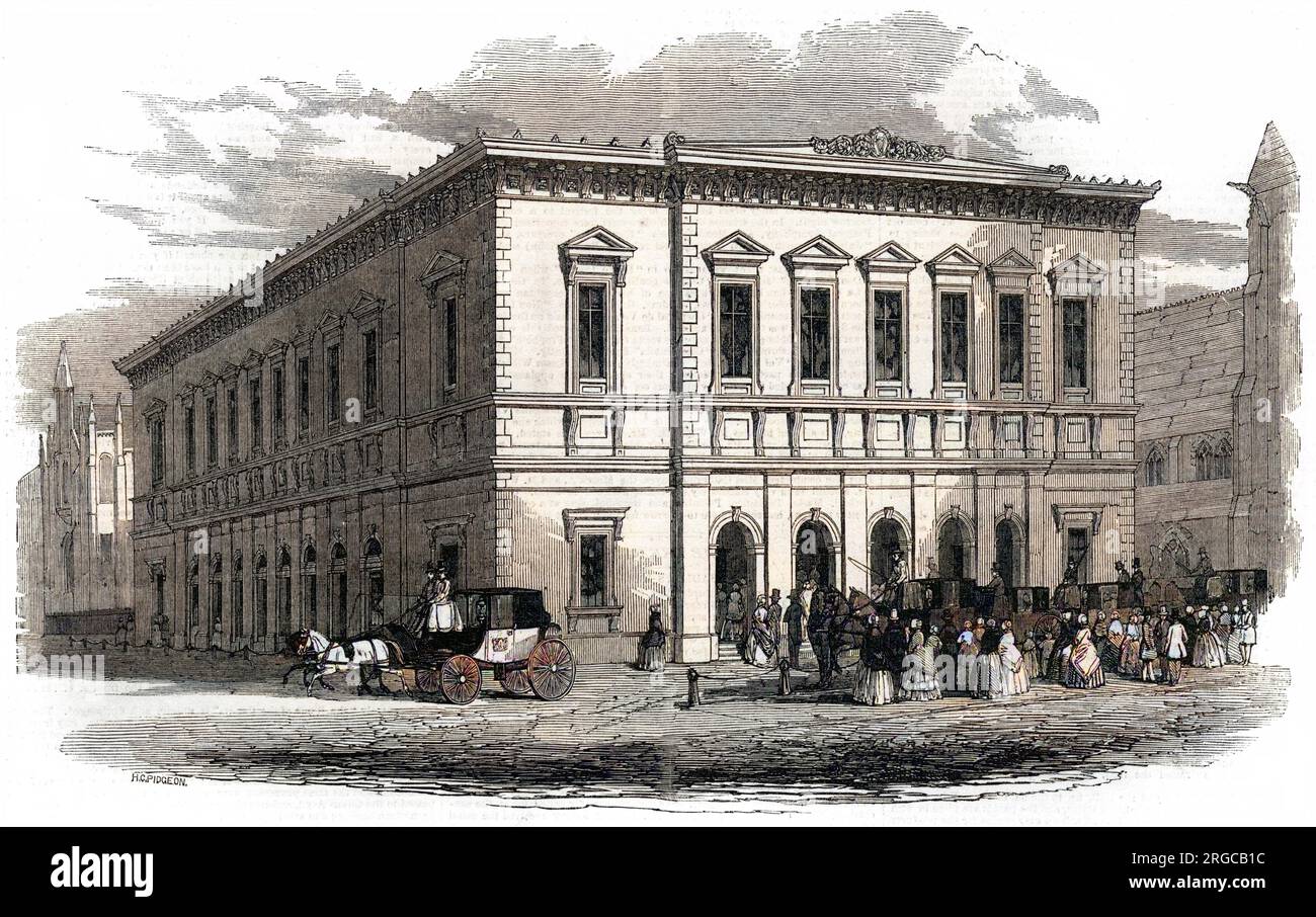 Die Fassade der damals neuen Liverpool Philharmonic Concert Hall, zur Zeit des Liverpool Music Festivals 1849. Der Stil wird in den illustrierten London News als „römisch-italienisch, schlicht, aber mutig im Charakter“ beschrieben. Das Gebäude wurde 1939 ersetzt, als sein Vorgänger 1933 niederbrannte. Stockfoto