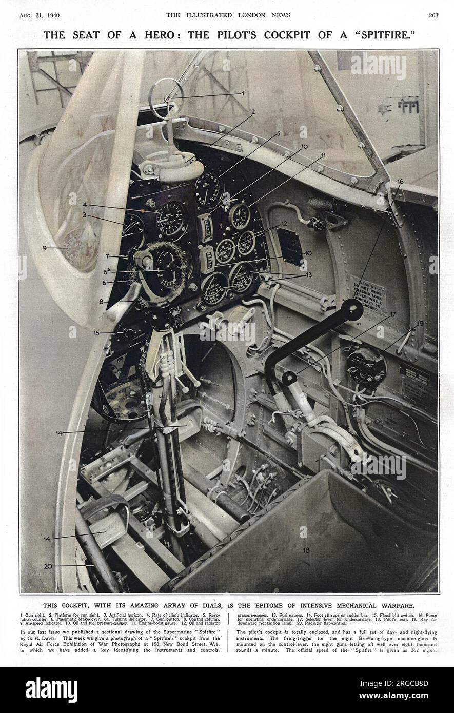 Das Cockpit mit seiner erstaunlichen Auswahl an Ziffernblättern ist der Inbegriff intensiver mechanischer Kriegsführung im Zweiten Weltkrieg. Stockfoto