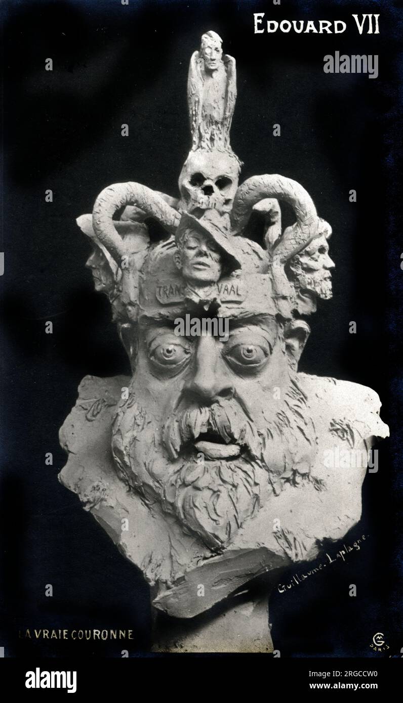 Die wahre Krone („La Vraie Couronne“) - die französische satirische Büste von König Edward VII (1841-1910), die sich über die britische Haltung gegenüber Südafrika im Böhlerkrieg und die Konzentrationslager der Transvaal lustig macht. Der Staatssekretär für die Kolonien Joseph Chamberlain (1836-1914) wird oben auf der Krone als grüblerischer Geier gezeigt. Stockfoto