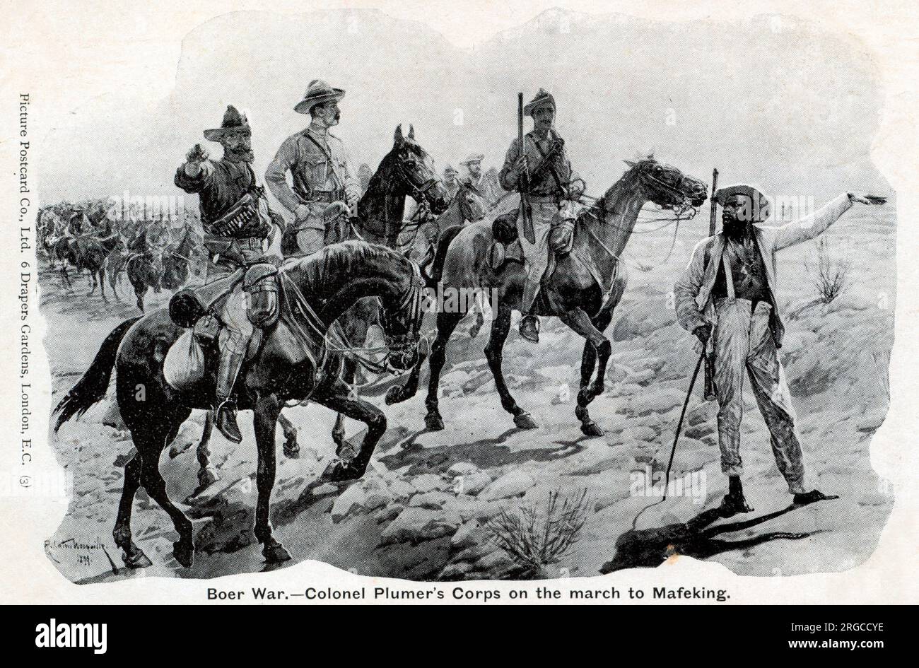 Mafeking war eine wichtige Bahnverbindung in der Nähe der Grenze zu Bechuanaland, die von den Boers belagert wurde. Die Verteidigung wurde von Oberstleutnant Baden-Powell (später von Scouting Fame) befohlen, und nach 217 Tagen wurde schließlich von den Streitkräften der Klempner Hilfe geleistet. Stockfoto