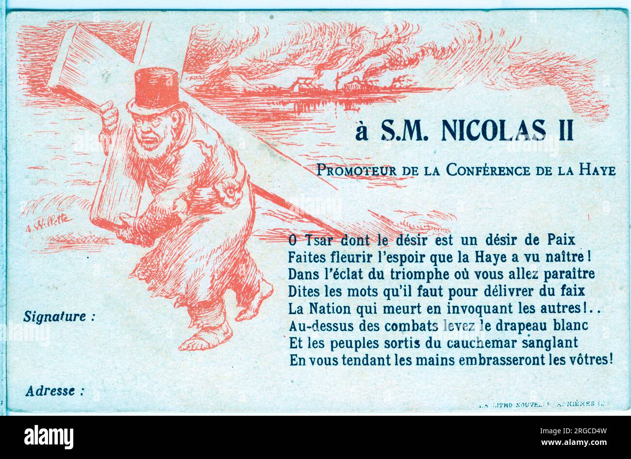 Am 24. August 1898 fand in Den Haag eine von Zar Nicholas II. Einberufene Friedenskonferenz statt - es war sein 31. Geburtstag. Sie sollte die Sache des Friedens in Europa voranbringen. Das ist eine Wahlkampfkarte, die von Sympathisanten der Boer mit einem gedruckten Gedicht auf Französisch produziert wurde, in dem der Zar gebeten wird, Frieden zu bringen. Die Adresse auf der Rückseite lautet „A La majeste, L'Empereur de Russie, Chateau de Compiegne, (Oise)“. Stockfoto