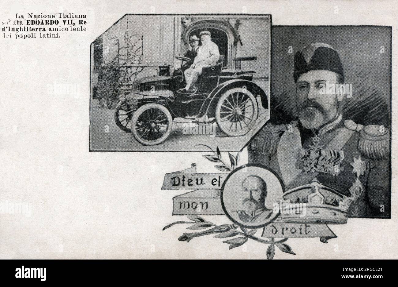 Eine italienische Postkarte, die in ihrem Lob für König Edward VII. (1841-1910) während seines ersten offiziellen Besuchs im Land im Jahr 1903 (zur Unterstützung der damals armen angloitalienischen Beziehungen) erfreulich war. Die Überschrift lautet: "Die italienische Nation begrüßt Edward VII, König von England, einen loyalen Freund der lateinischen Völker." Stockfoto