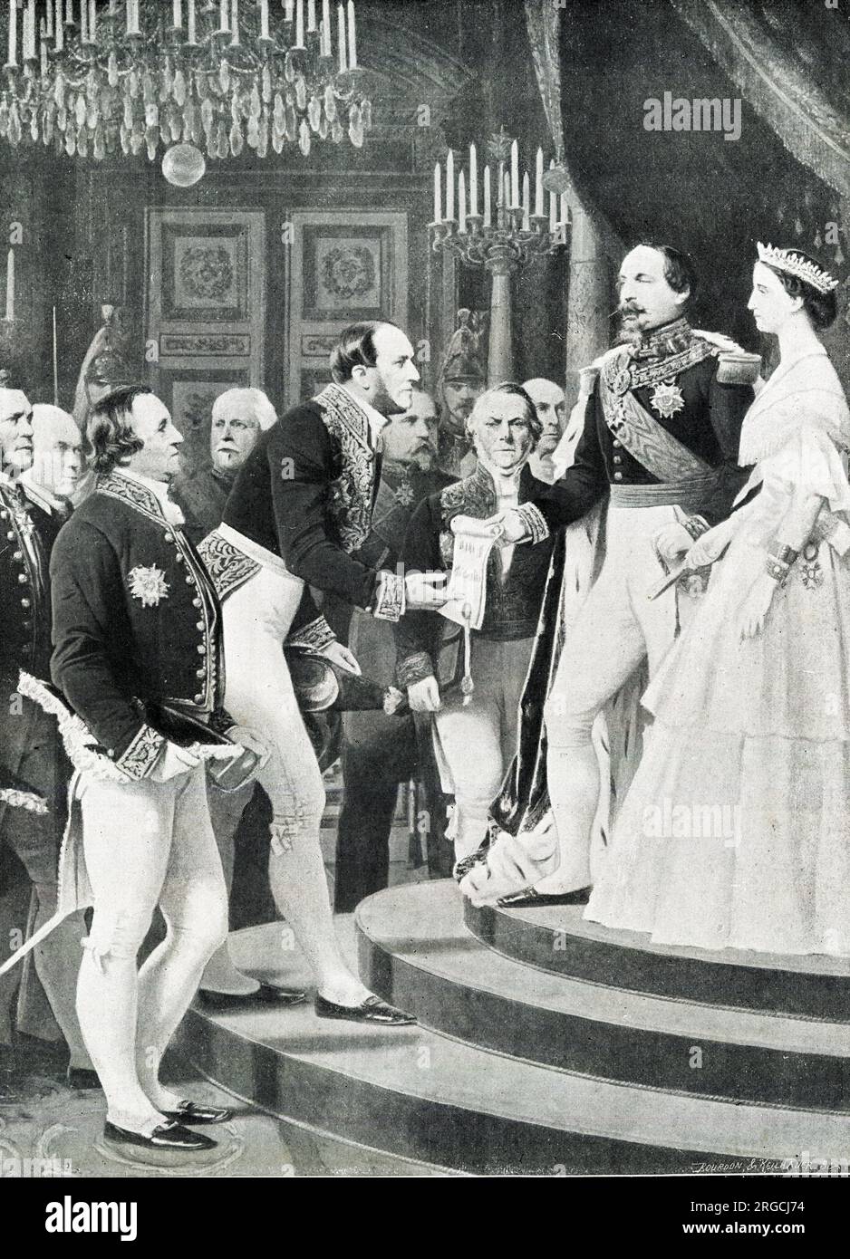 Napoleon III. Übergabe des Dekrets über die Annexion der Vororte von Paris an Baron Haussmann, für die Stadtentwicklung (16. Februar 1859). Weitere Teilnehmer sind J-B Dumas, Chemiker und Präsident des gemeinderats, General Fleury und General Rolin. Diese Version des Gemäldes enthält die Kaiserin Eugenie und sollte beeindruckender sein als die frühere Version. (2 von 2) Stockfoto