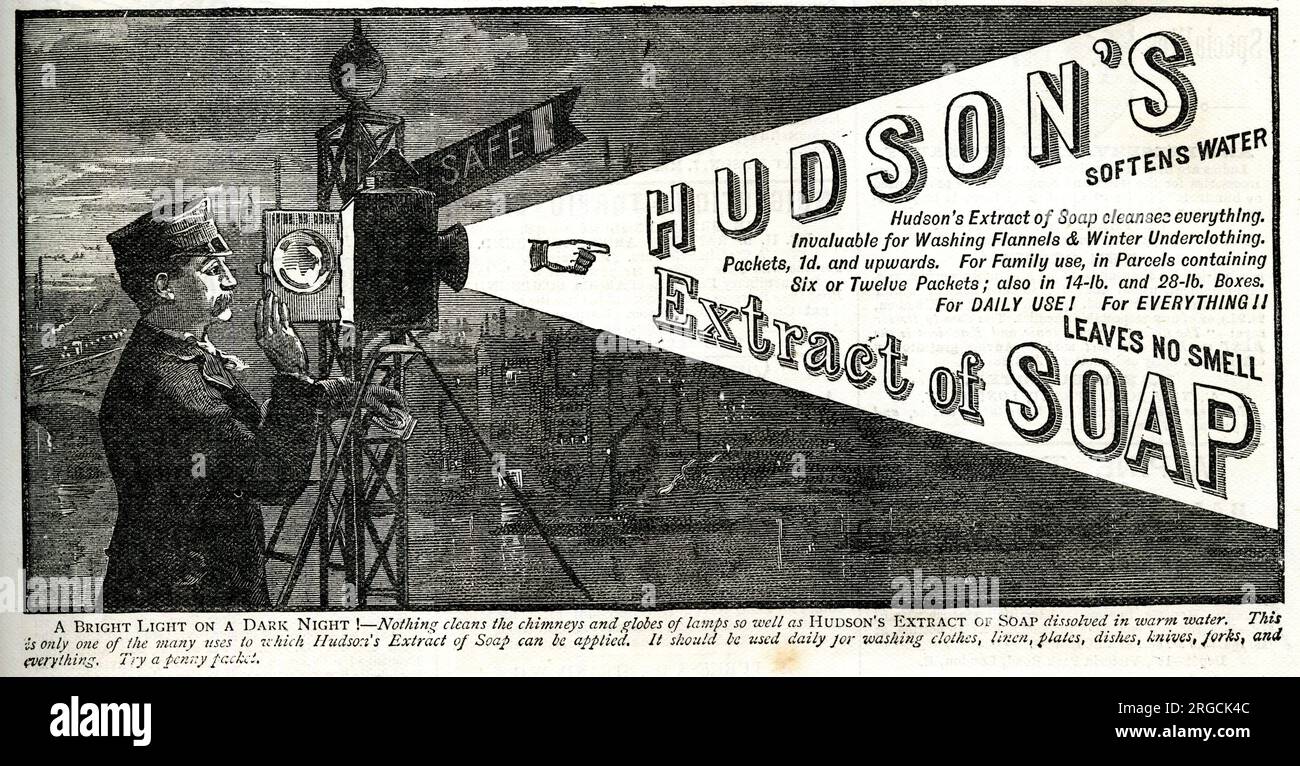 Werbespot, Hudson's Extract of Soap, Eisenbahnsignalman, der einen Lichtstrahl strahlt Stockfoto