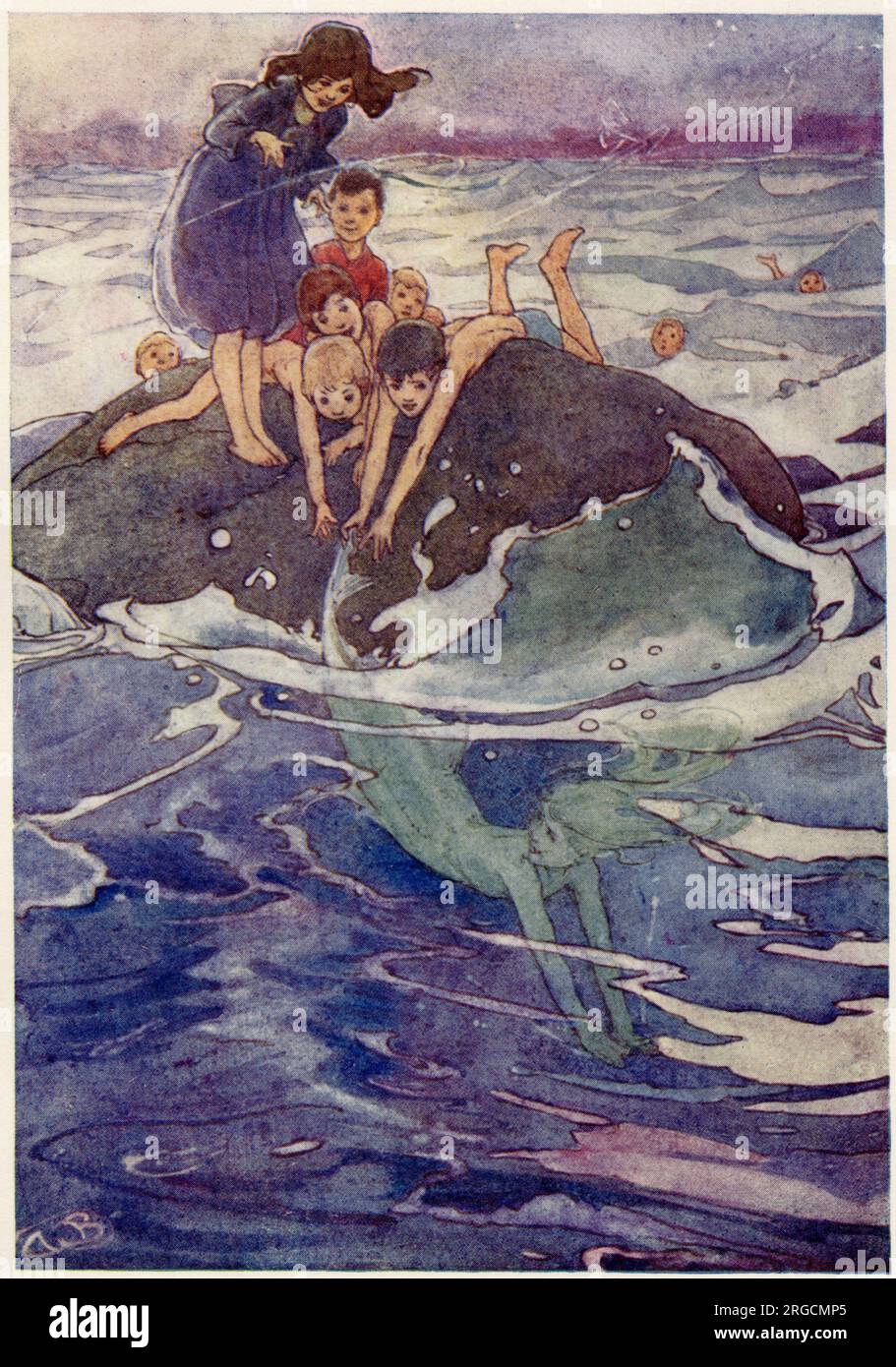 Illustration für Peter Pan von J.M. Barrie. Peter, Wendy und ihre Brüder besuchen die Meerjungfrauenlagune im Nimmerland. Die Jungs wollen eine Meerjungfrau fangen und ins Wasser springen, aber die Meerjungfrau rutscht aus dem Griff. Stockfoto