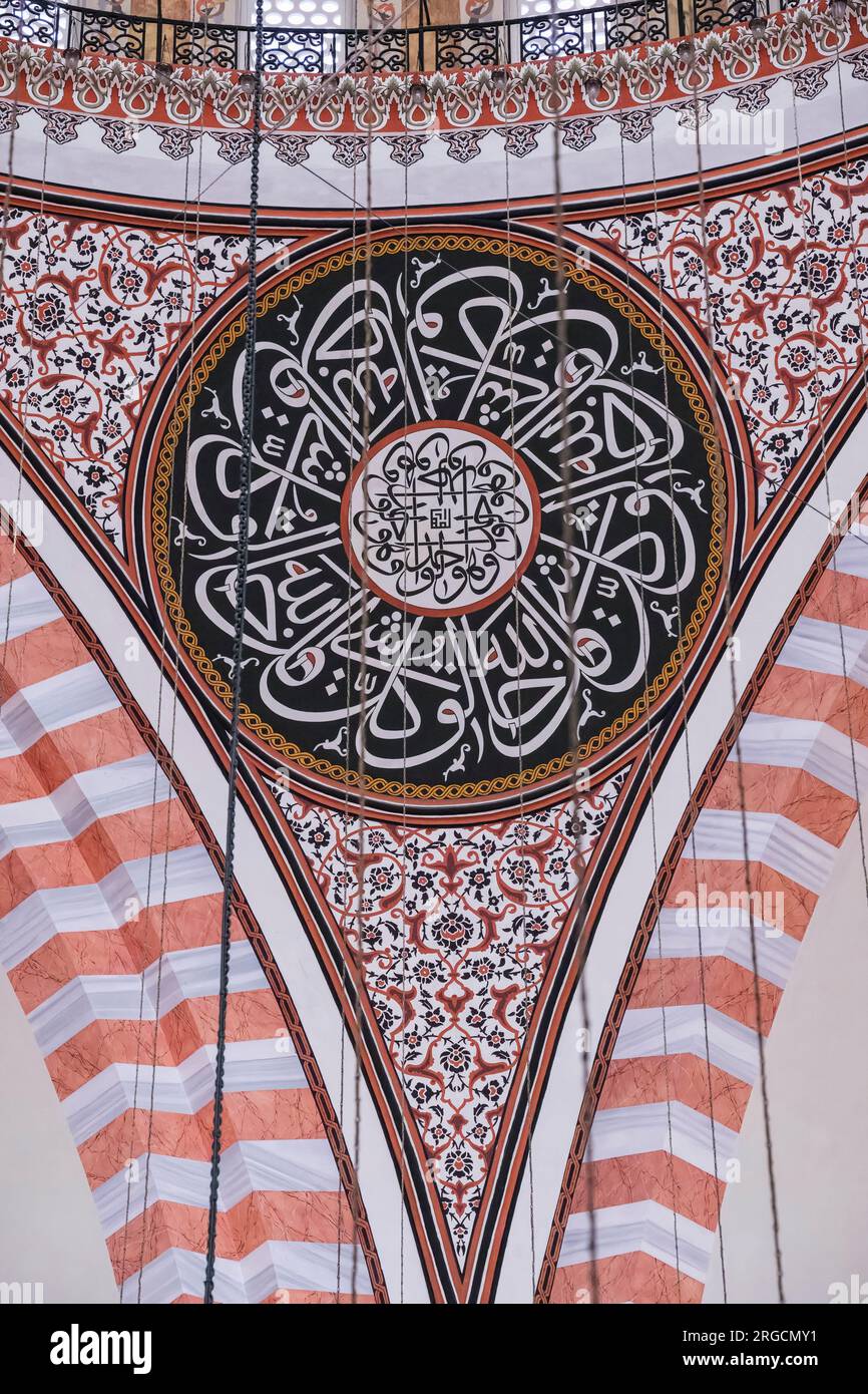 Istanbul, Türkei, Turkiye. Dekorationen in Kalligraphie- und Blumenmotiven an den Wänden der Moschee von Suleyman, der herrlichen Suleymaniye-Moschee. Stockfoto