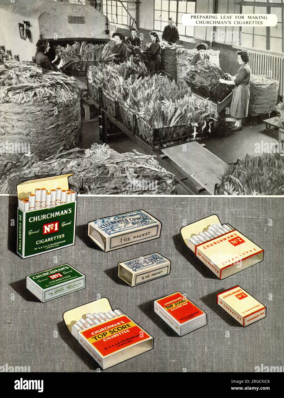 Eine Auswahl von Churchmans Zigaretten- und Tabakpäckchen, mit einer Fabrikszene, die Blätter für Churchmans Zigaretten vorbereitet Stockfoto