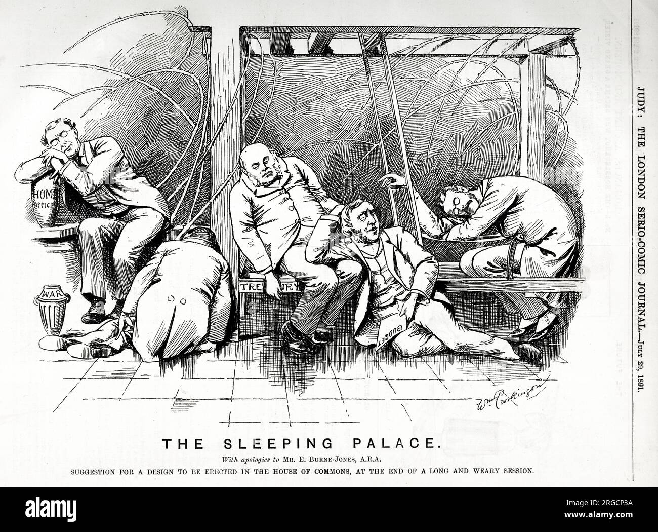 Politischer Cartoon, der Schlafpalast (von Westminster), am Ende einer langen und erschöpften Sitzung des Unterhauses - eine Parodie eines Gemäldes von Burne-Jones, dem Gartengericht Stockfoto