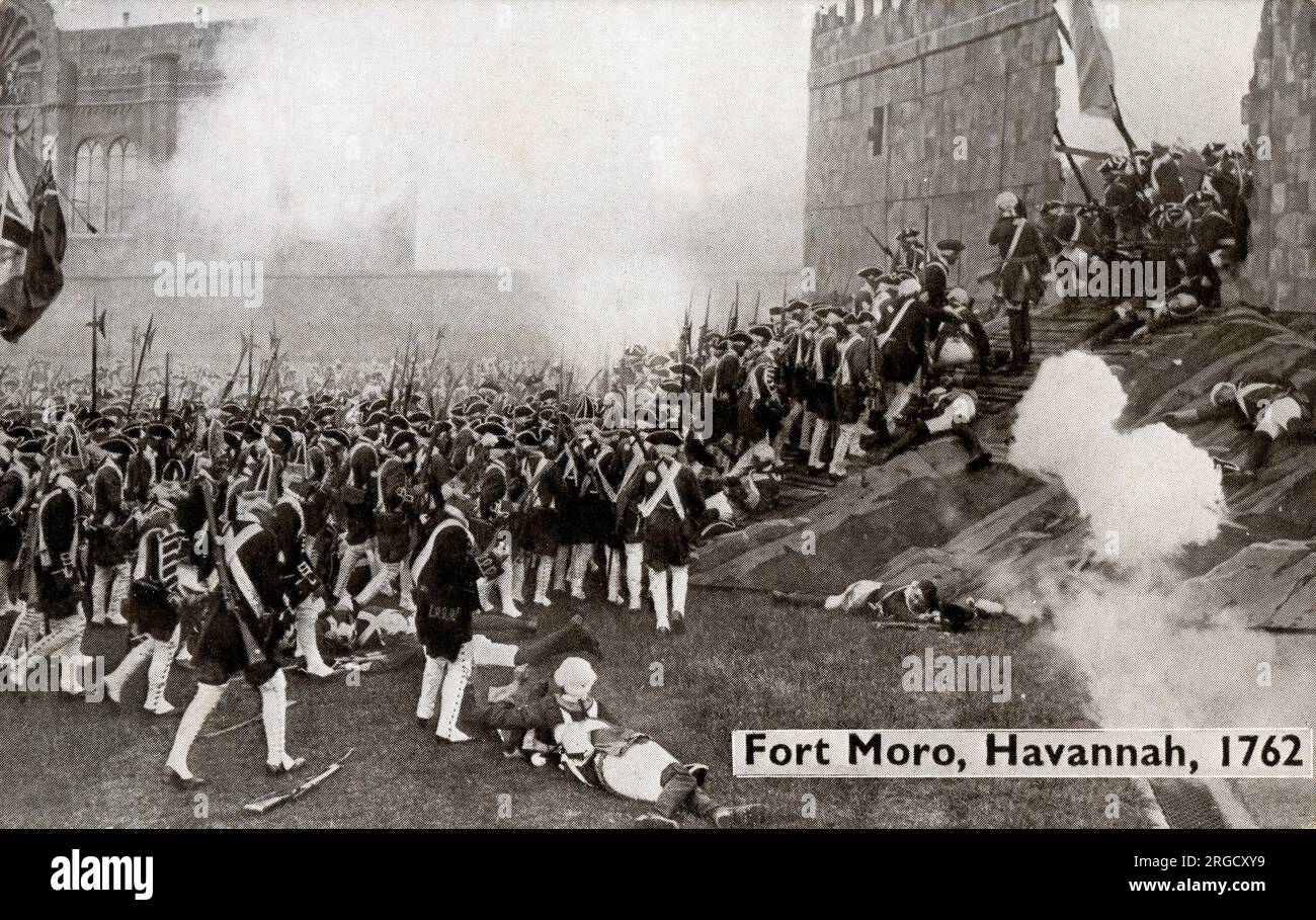 The Storming of Fort Moro, Havannah, 1762, Nachbildung auf der Aldershot Military Tattoo, einer jährlichen Veranstaltung aus dem Jahr 1894. In den 1920er und 1930er Jahren präsentierte das Aldershot Command Searchlight Tattoo in der Rushmoor Arena Ausstellungen aus allen Bereichen der Dienste, einschließlich Aufführungen mit Flammenfackeln. Zu einer Zeit zogen die Vorstellungen Menschenmassen von bis zu 500.000 Personen an. Stockfoto