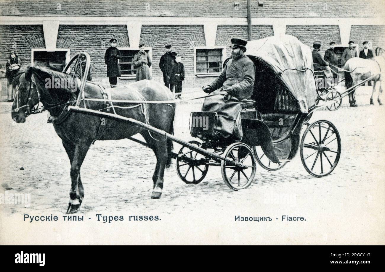 Russische Pferdekutsche und Fahrer. Stockfoto