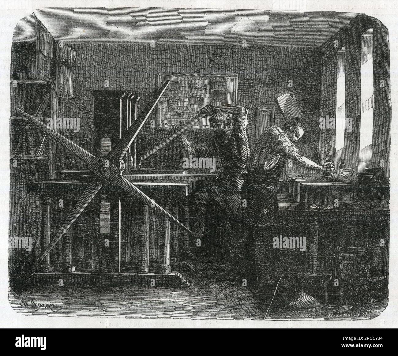 Druckmaschinenraum, Gravieren und Drucken auf Kupfer Stockfoto