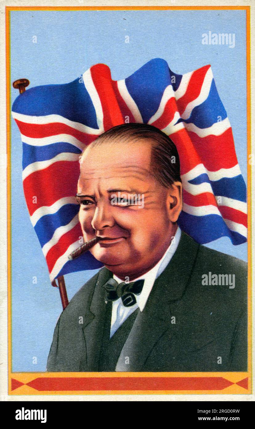 WW2-Ära-Porträt von Sir Winston Leonard Spencer Churchill (1874-1965) - britischer Staatsmann, Soldat und Schriftsteller, der zweimal als Premierminister des Vereinigten Königreichs diente, von 1940 bis 1945 während des Zweiten Weltkriegs und erneut von 1951 bis 1955. Stockfoto