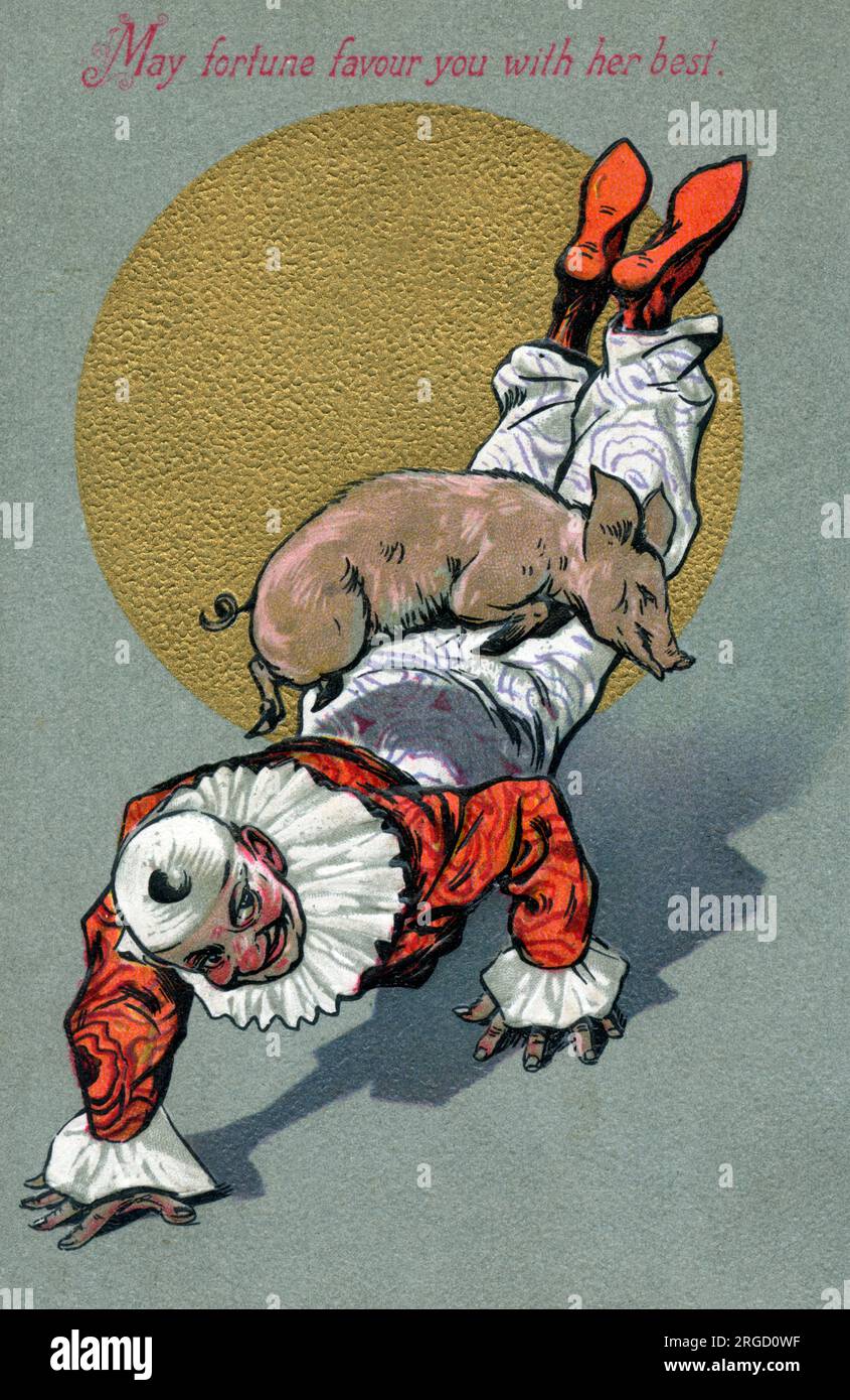 Möge das Glück dich mit ihrem Besten schmeicheln - Schwein springt über Clown. Stockfoto