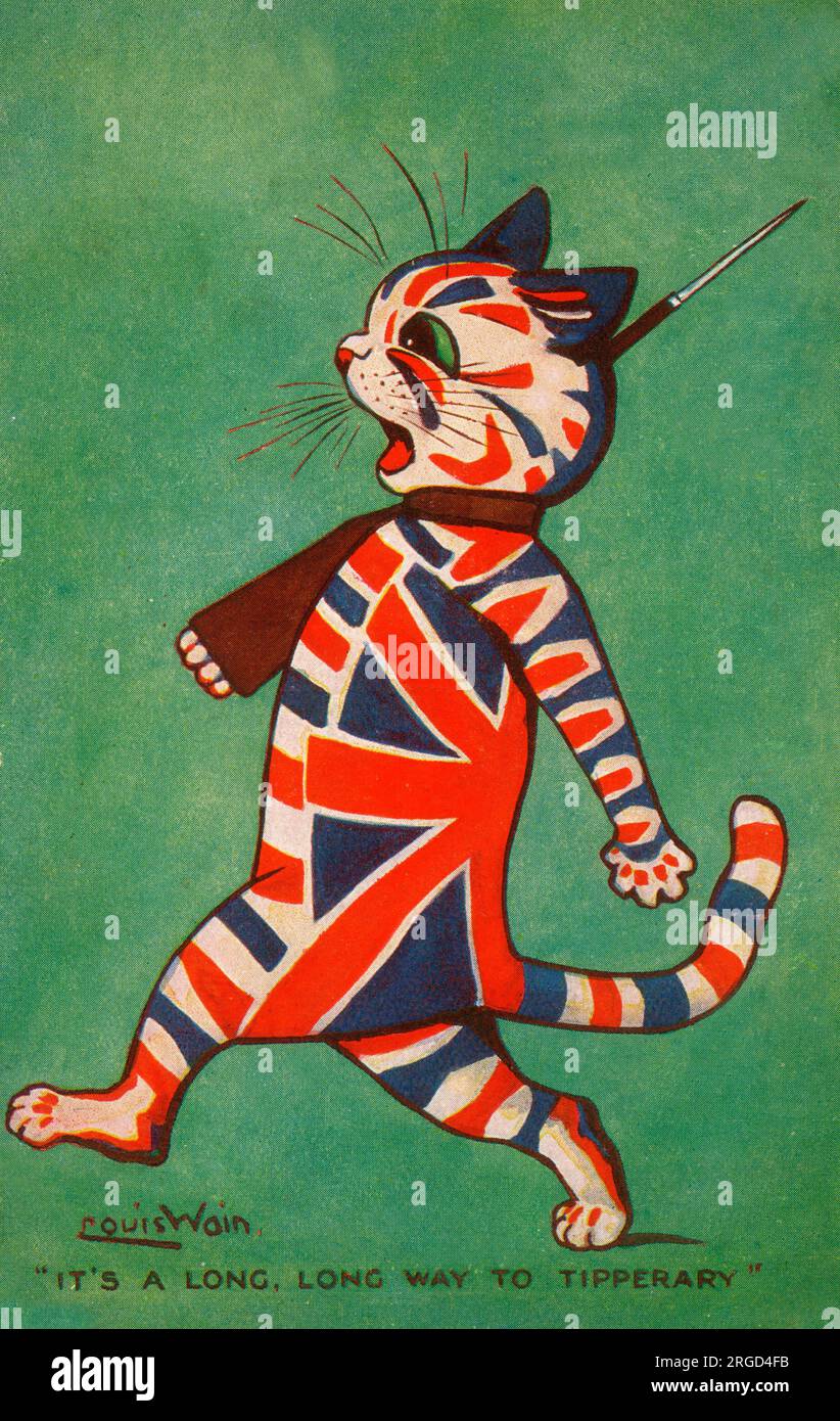 Eine patriotische Katze, die in der Unionsflagge liegt und sich in den Krieg stürzt und singt: „IT's a long way to Tipperary“. Stockfoto