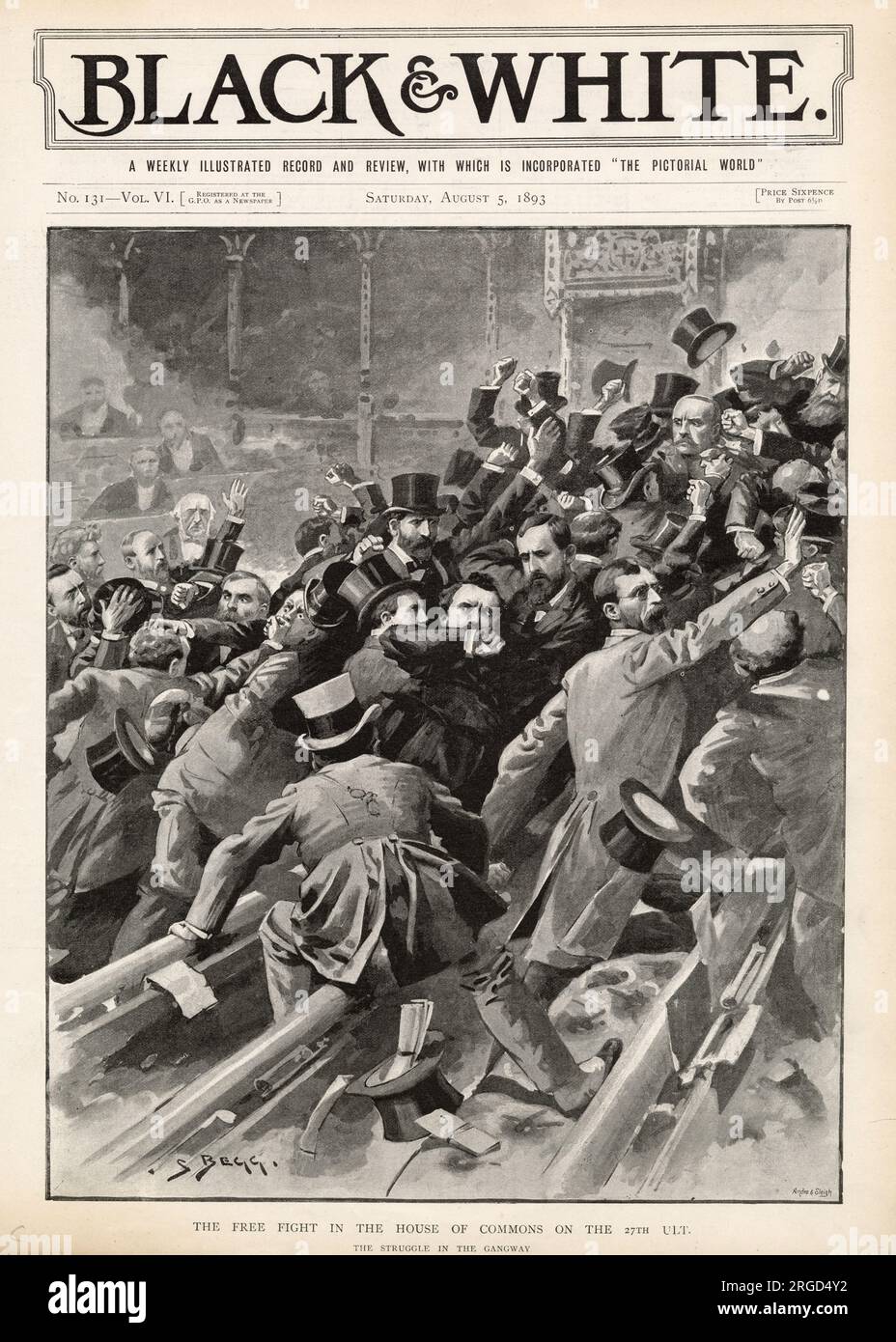 Ein Faustkampf im Unterhaus, 27. Juli 1893. Eine schlecht gelaunte Debatte über das Home Rule Bill führt zu einer Schlägerei zwischen Parlamentsabgeordneten im Unterhaus. Stockfoto