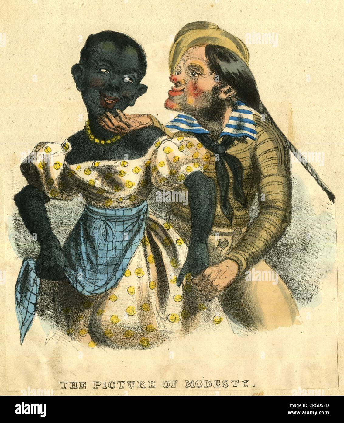 Cartoon, das Bild der Bescheidenheit, ein Jack Tar Seemann und eine schwarze Frau Stockfoto