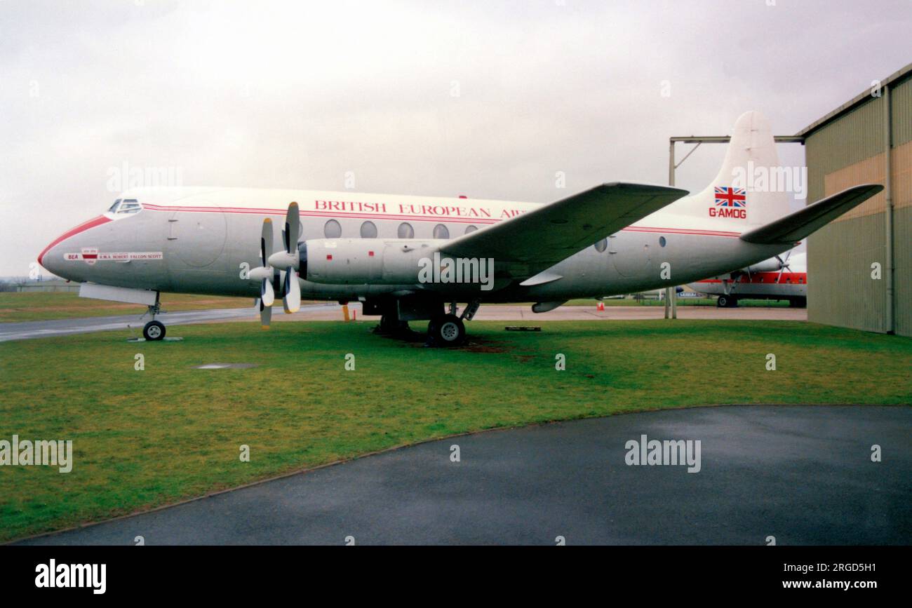 Vickers Viscount 701 G-AMOG (msn 7), als Teil der BOAC Collection bei RAF Cosford in BEA-Farben lackiert. Stockfoto