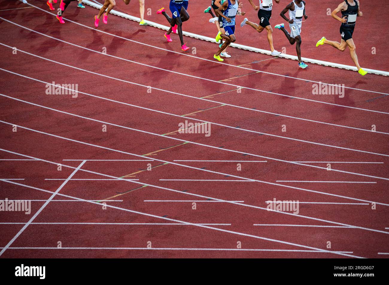 Mittelstreckenrennen während der Leichtathletik-Veranstaltung mit männlichen Athleten auf der Leichtathletik-Rennstrecke. Beine von Sportlern, roter Bearbeitungsbereich. Sportfoto Stockfoto