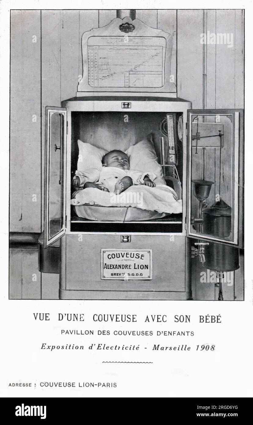Elektroinkubator für Frühgeborene - Pavilion des Couveuses D'Enfants ("Pavillon der Kinderinkubatoren") auf der Exposition d'Electricite in Marseille 1908. Stockfoto