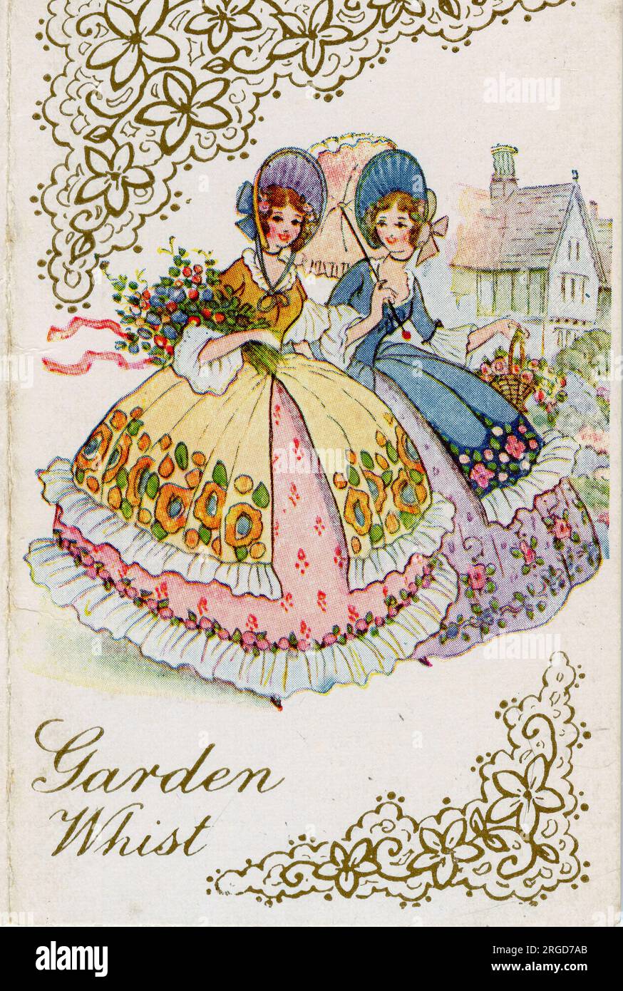 Scorecard für Gartenschwalben-Spielkarten, zwei junge Frauen in Kleider und Hauben Stockfoto
