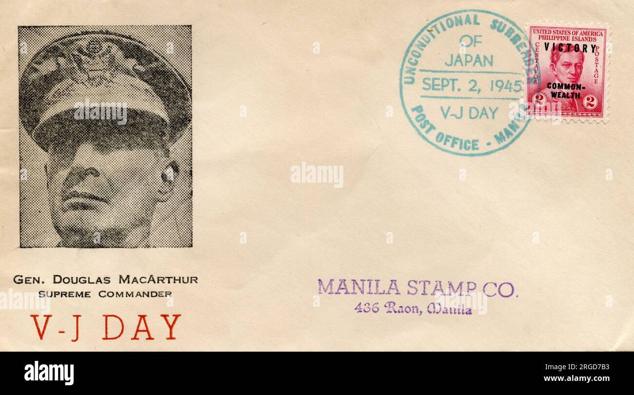 General Douglas MacArthur, Oberbefehlshaber WW2, V-J-Tag - bedingungslose Kapitulation von Japan, Manila, USA, Philippinen, Briefumschlag Stockfoto