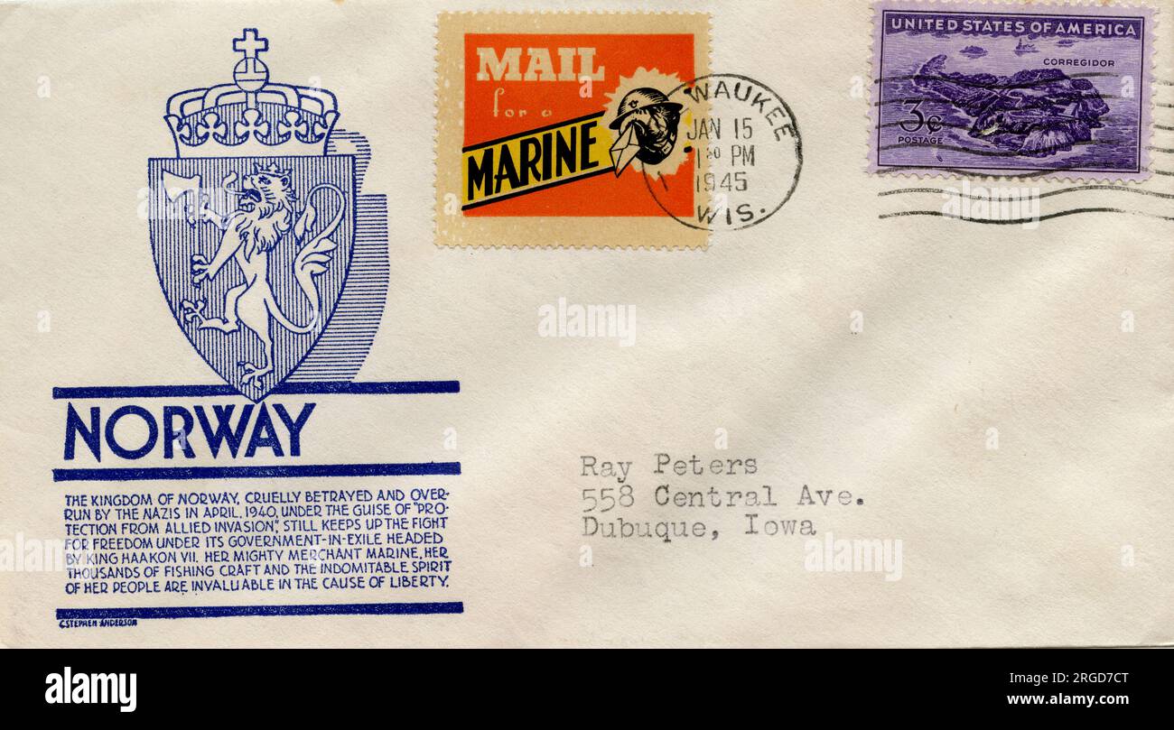 Norwegen Fight for Freedom, WW2 Mail für einen Marine, amerikanischer Postumschlag Stockfoto
