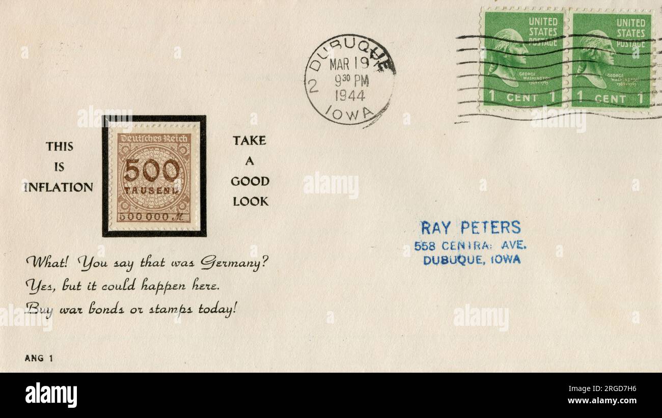Das ist Inflation, schauen Sie genau hin, WW2 US-Dollar-Kaufen-Kriegsanleihen Briefumschlag Stockfoto