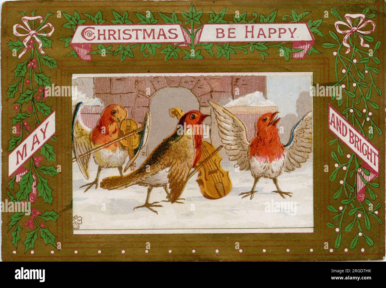 Viktorianische Weihnachtskarte, Robin Orchestra spielt im Schnee - May Christmas be happy and bright Stockfoto