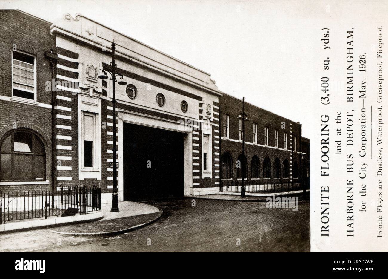 Ironite Flooring im Harborne Bus Depot, Serpentine Road (abseits der High Street), Harborne, Südwest-Birmingham für die City Corporation - Mai 1926. Stockfoto