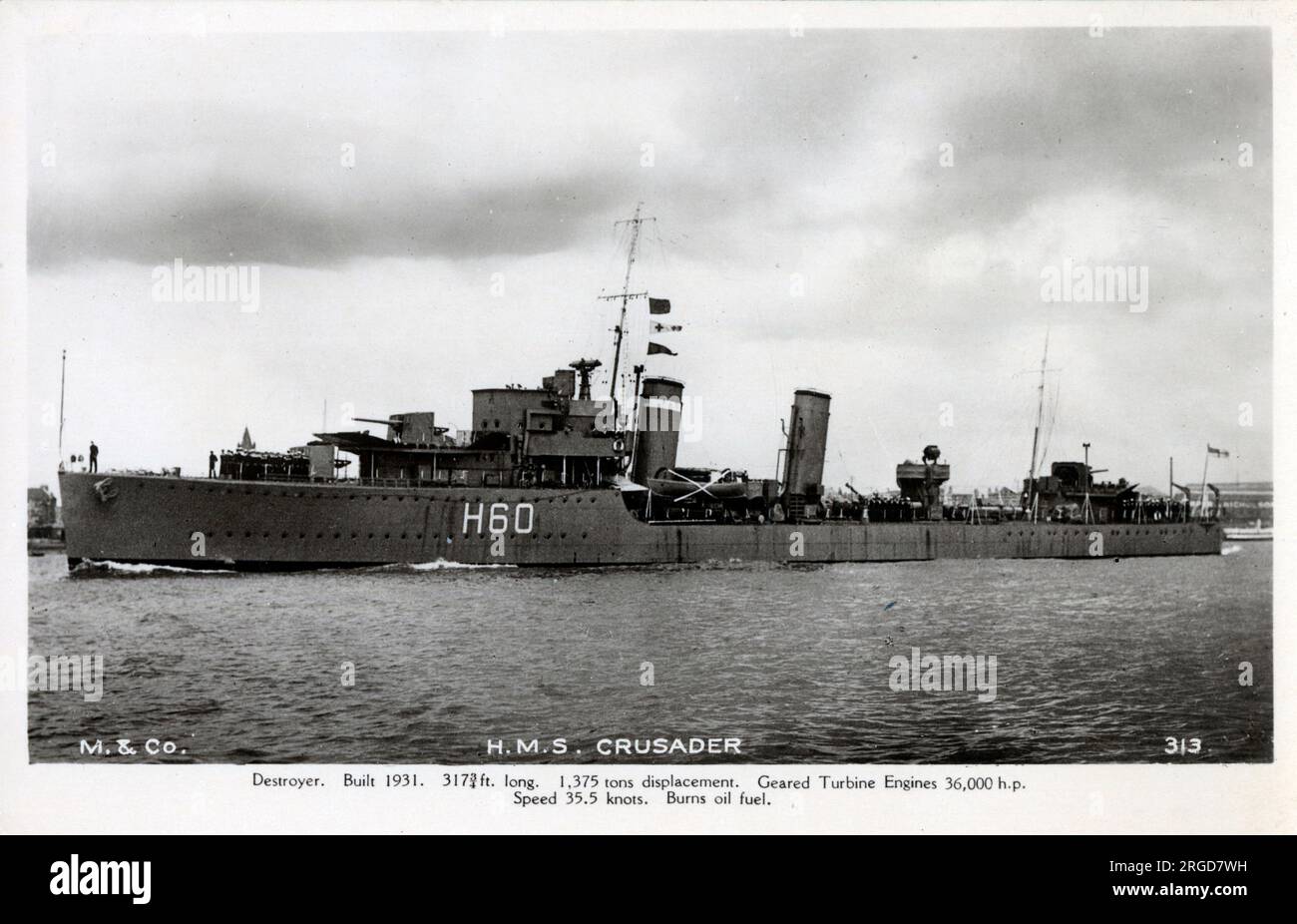 HMS Crusader (H60) - ein Zerstörer der C-Klasse, der 1931 für die Royal Navy gebaut wurde. Sie war in der Heimatflotte und den Mittelmeerflotten tätig und verbrachte während des spanischen Bürgerkriegs Ende 1936 sechs Monate in spanischen Gewässern, um die von Großbritannien und Frankreich auf beiden Seiten des Konflikts verhängte Waffenblockade durchzusetzen. Crusader wurde 1938 an die Royal Canadian Navy (RCN) verkauft und in HMCS Ottawa umbenannt. Am 14. September 1942 vom deutschen U-91 versenkt. Stockfoto