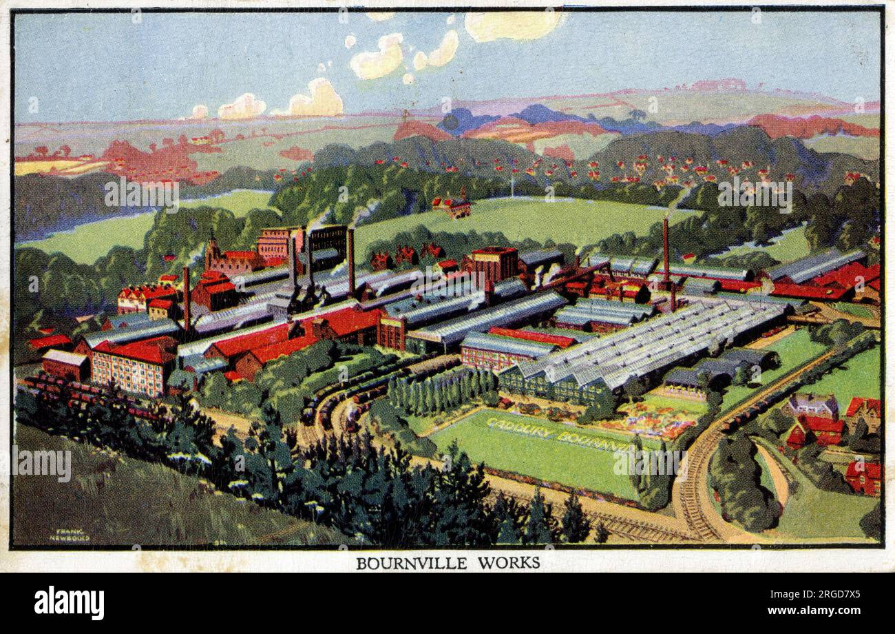 Cadbury's Bournville Works - Birmingham - Panoramablick auf die Fabriken und Eisenbahnlinien Stockfoto