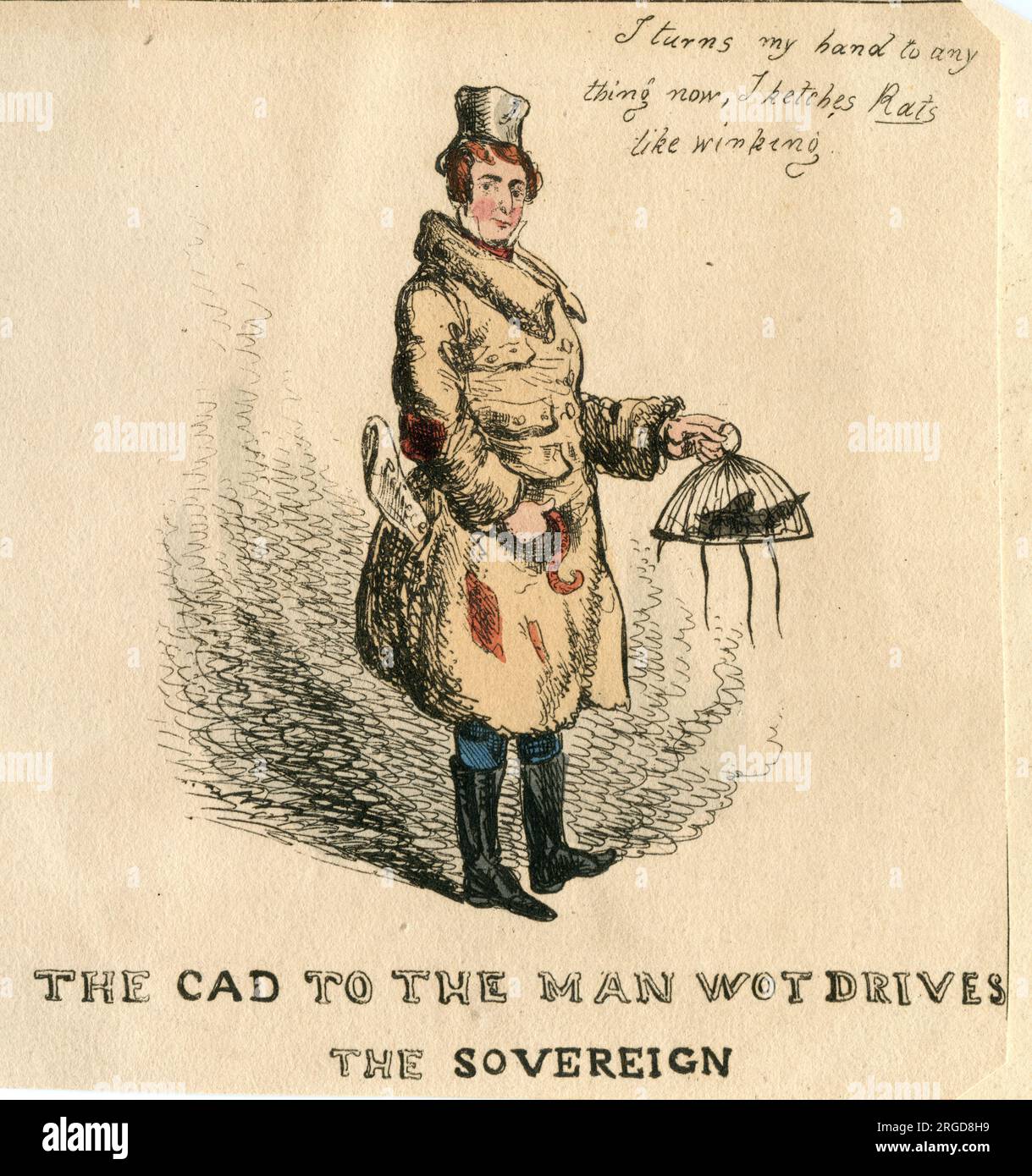 Das CAD to the man Wot treibt die staatsmäßige, politische Karikatur von Sir Robert Peel als Rattenfänger in einem Käfig an - handfarbene Gravur, 1829 Stockfoto