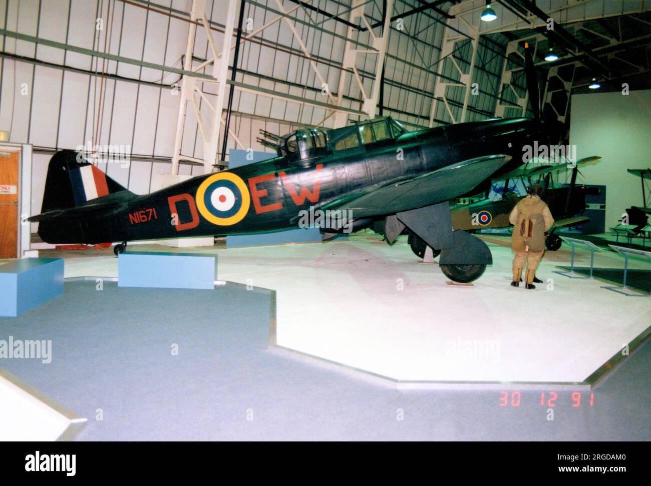 Boulton Paul Defiant F.I N1671 / D-EW, im Royal Air Force Museum, Hendon, am 30. Dezember 1991. Stockfoto