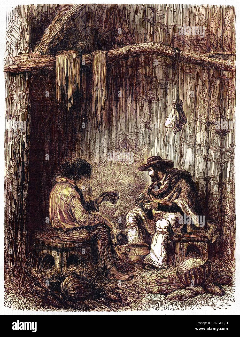 LAURENT DE SAINT-CRICQ (nom-de-plume PAUL MARCOY), französischer Reisender in Südamerika und im Pazifik, stellte die Zubereitung einer Suppe während seiner Reise dar. Stockfoto