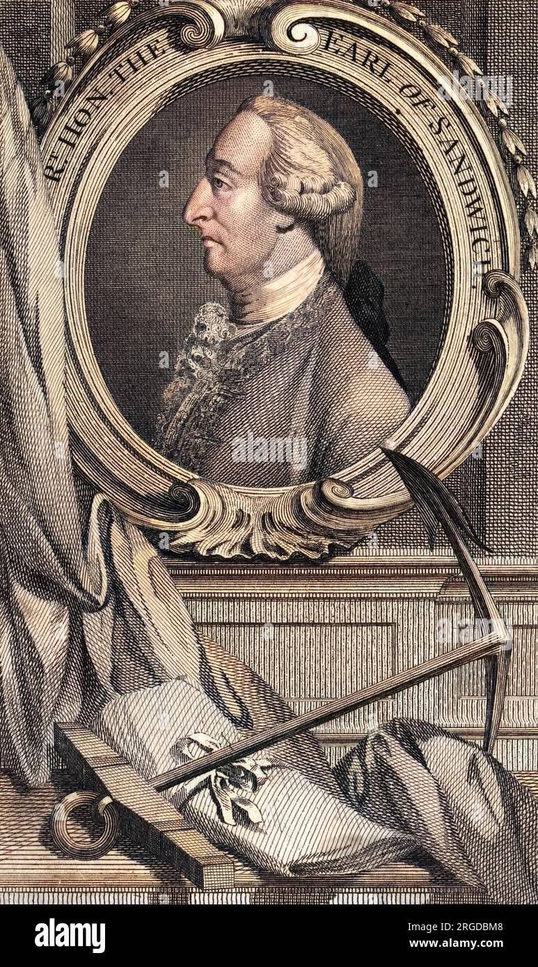 JOHN MONTAGU, vierter graf von SANDWICH, Marinekommandant, der 24 Stunden am Spieltisch verbrachte, gespeist von Rinderscheiben zwischen Brotscheiben... Stockfoto