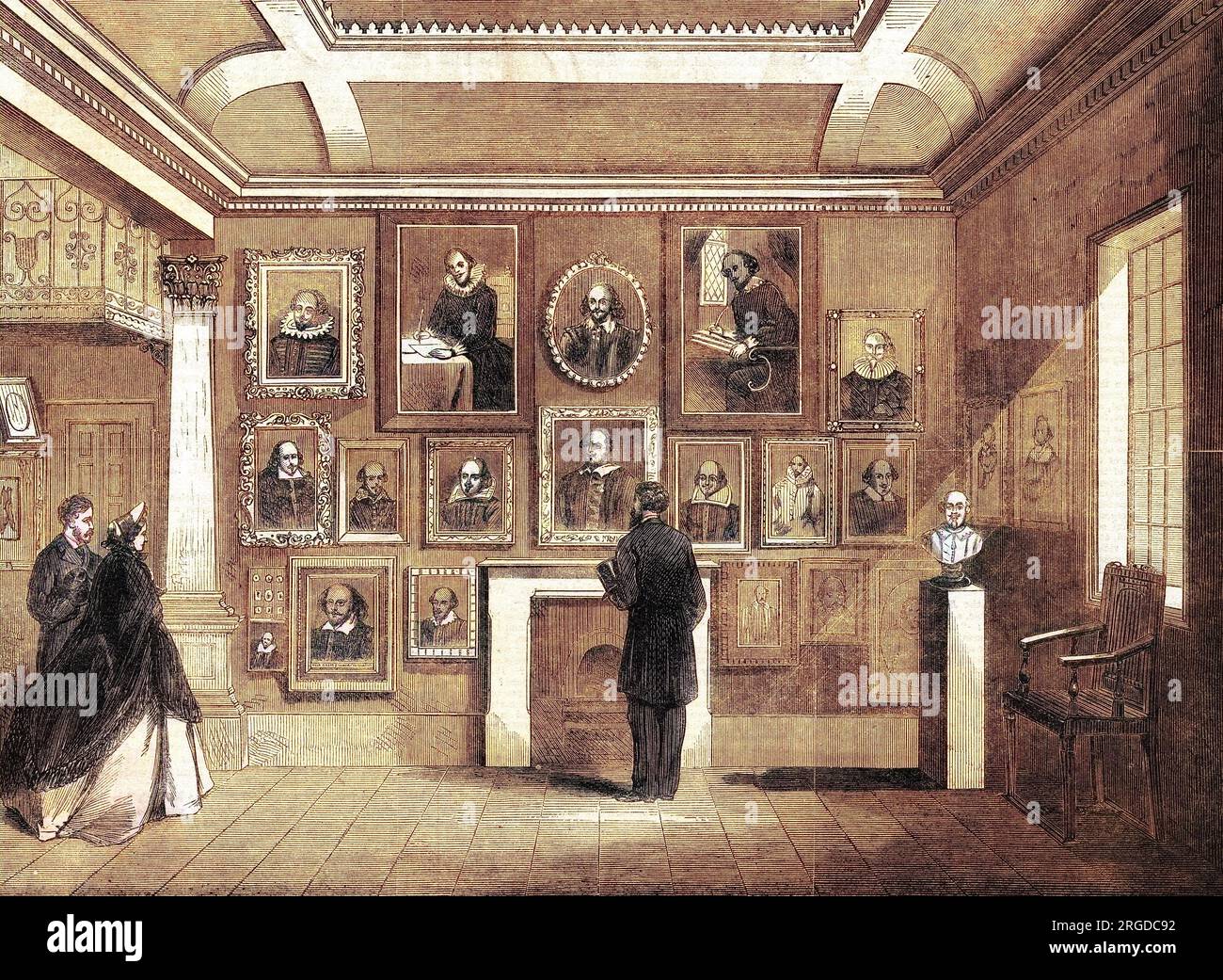 Shakespeare-Gedenkstätte in Stratford - Ausstellung von Porträts des lokalen Helden im Rathaus. Stockfoto