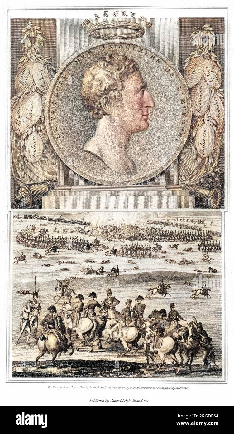 WELLINGTON als Militärheld - Etiketten tragen die Namen einiger seiner Siege auf der Halbinsel, und man sieht, wie er eine Schlacht führt: Das ist vor Waterloo. Stockfoto