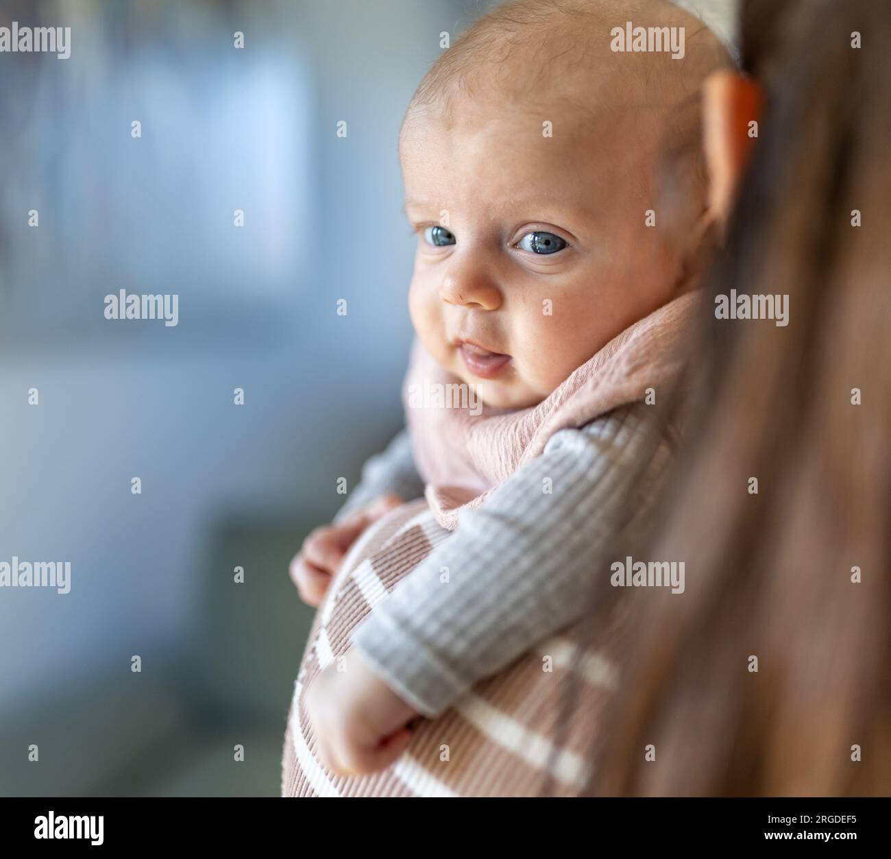 Das Porträt des liebenswerten Säuglings an der Schulter der Mutter. Mutterliebe und Pflegekonzept Stockfoto