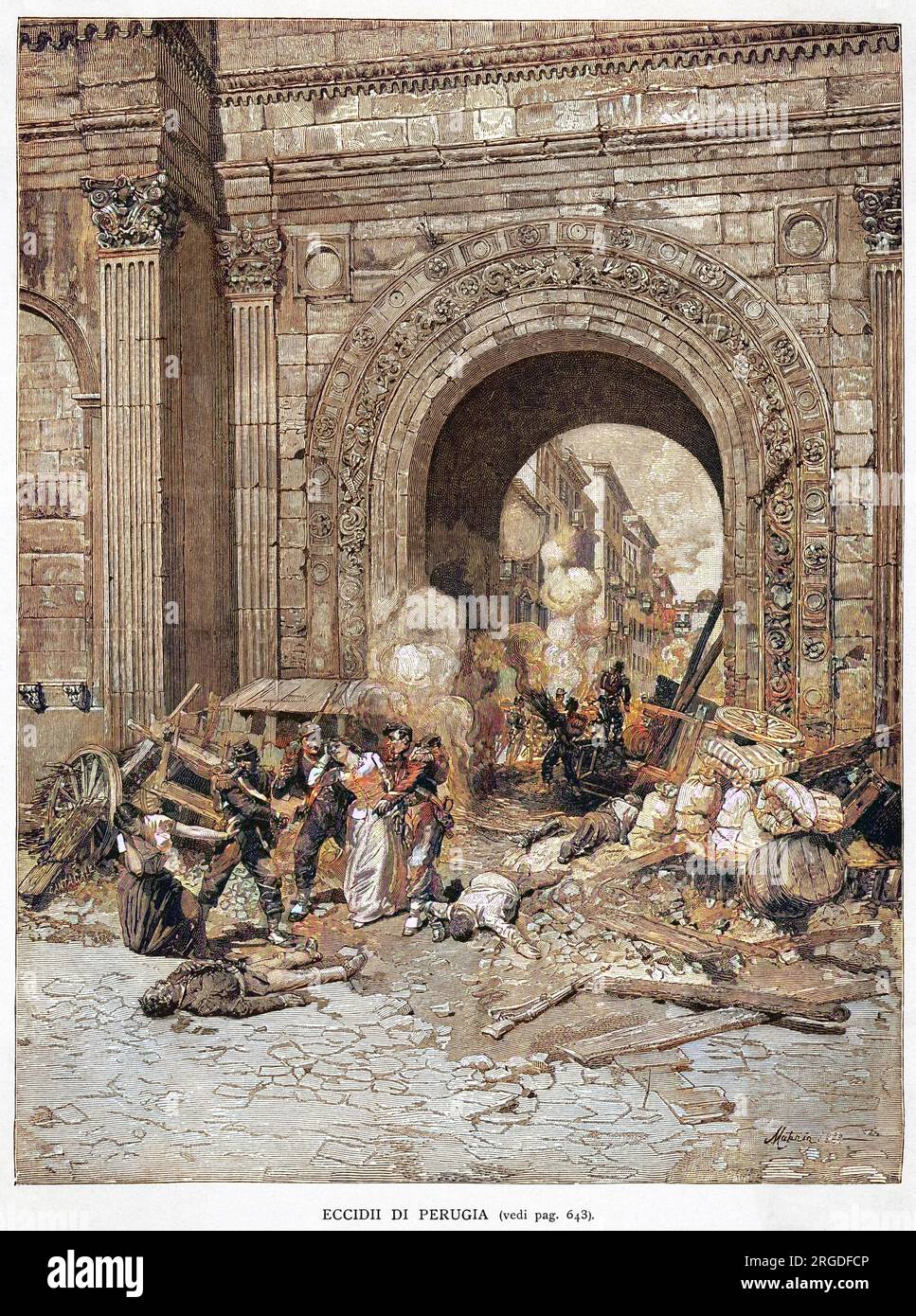 Schweizer Soldaten im Dienste von Papst Pius IX. Massaker-Anhängern des risorgimento in Perugia. Stockfoto