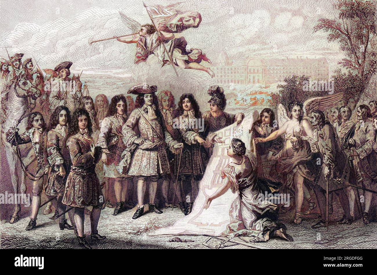 Eine allegorische Darstellung der Gründung des Hotels des Invalides in Paris. Stockfoto