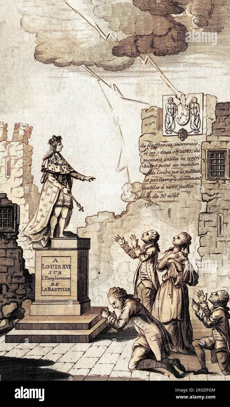 Satire über Ludwig XVI.' gute Absichten gegenüber seinem Volk - eine Statue, die auf dem Gelände der Bastille errichtet werden soll. Stockfoto