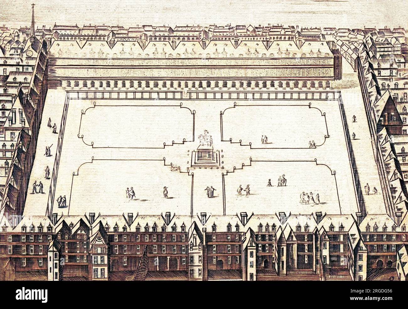 Blick aus der Vogelperspektive auf die jardins du Palais Royal im 17. Jahrhundert, begonnen von Henri IV. Und vervollständigt von Ludwig XIII Stockfoto