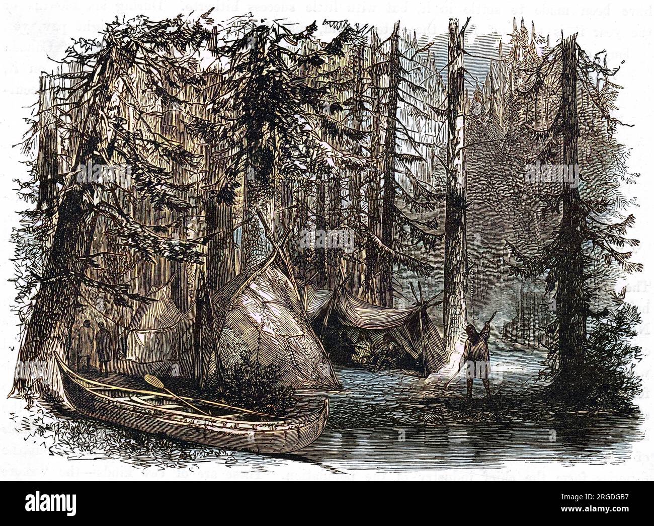 Kanadischer Urwald, Kanu mit Birkenrinde und indische Hütten - ein vereinfachter Blick auf die kanadische Szene. Stockfoto