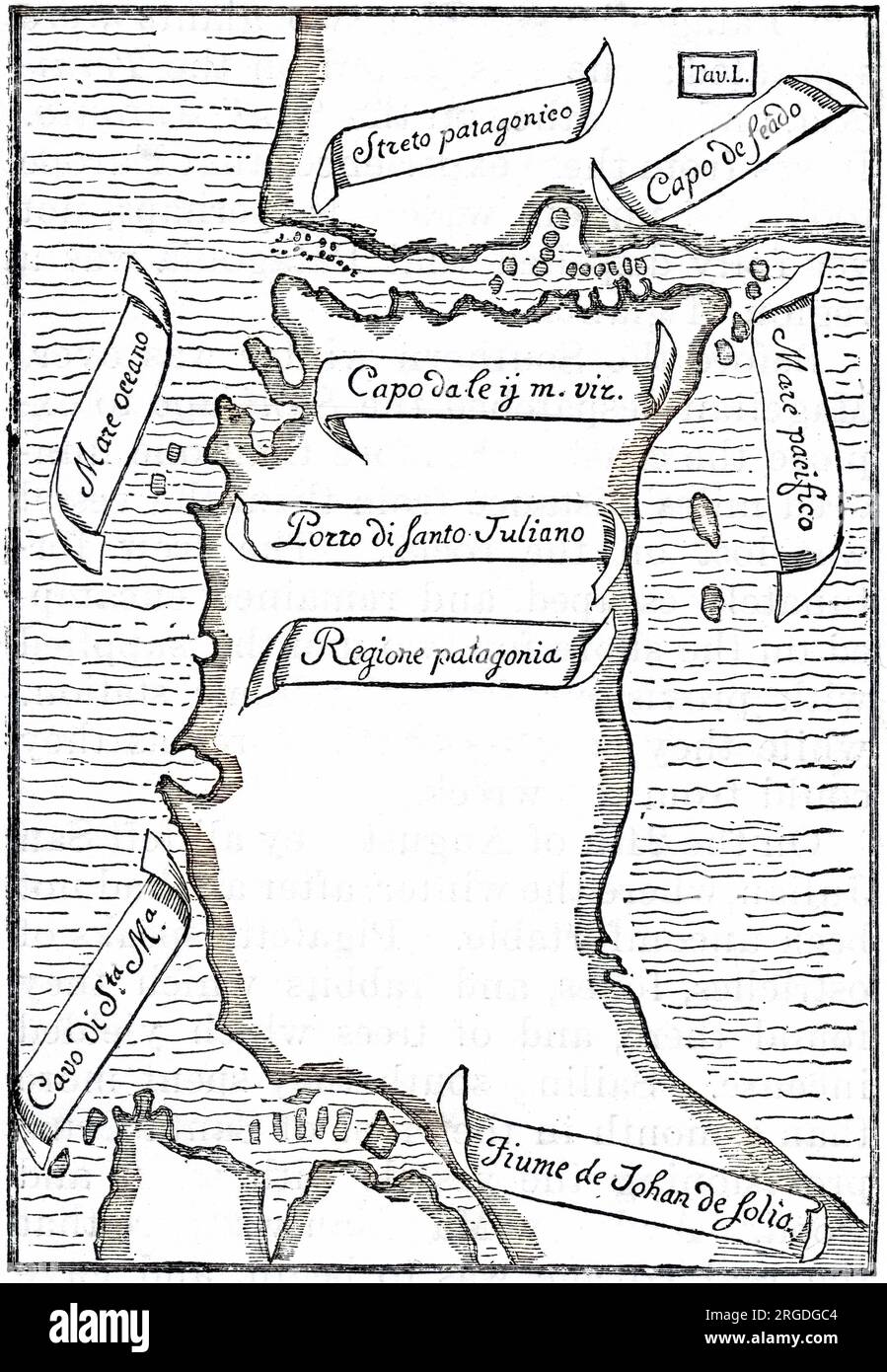 Karte der Meerenge, als sie von europäischen Navigatoren unter dem Kommando von Magellan entdeckt wurden. Stockfoto