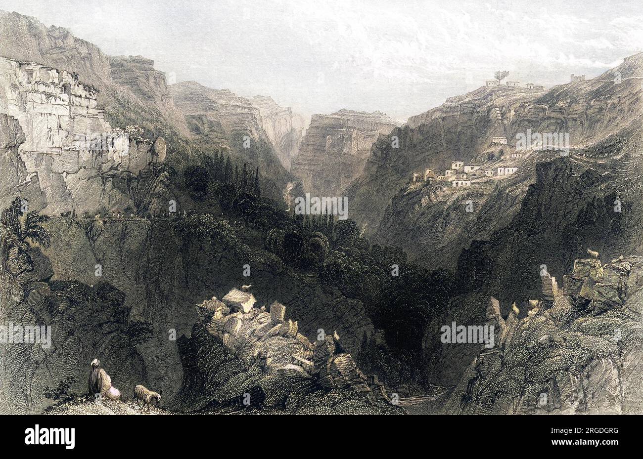 Blick auf den Libanon mit dem Dorf Barouk. Stockfoto