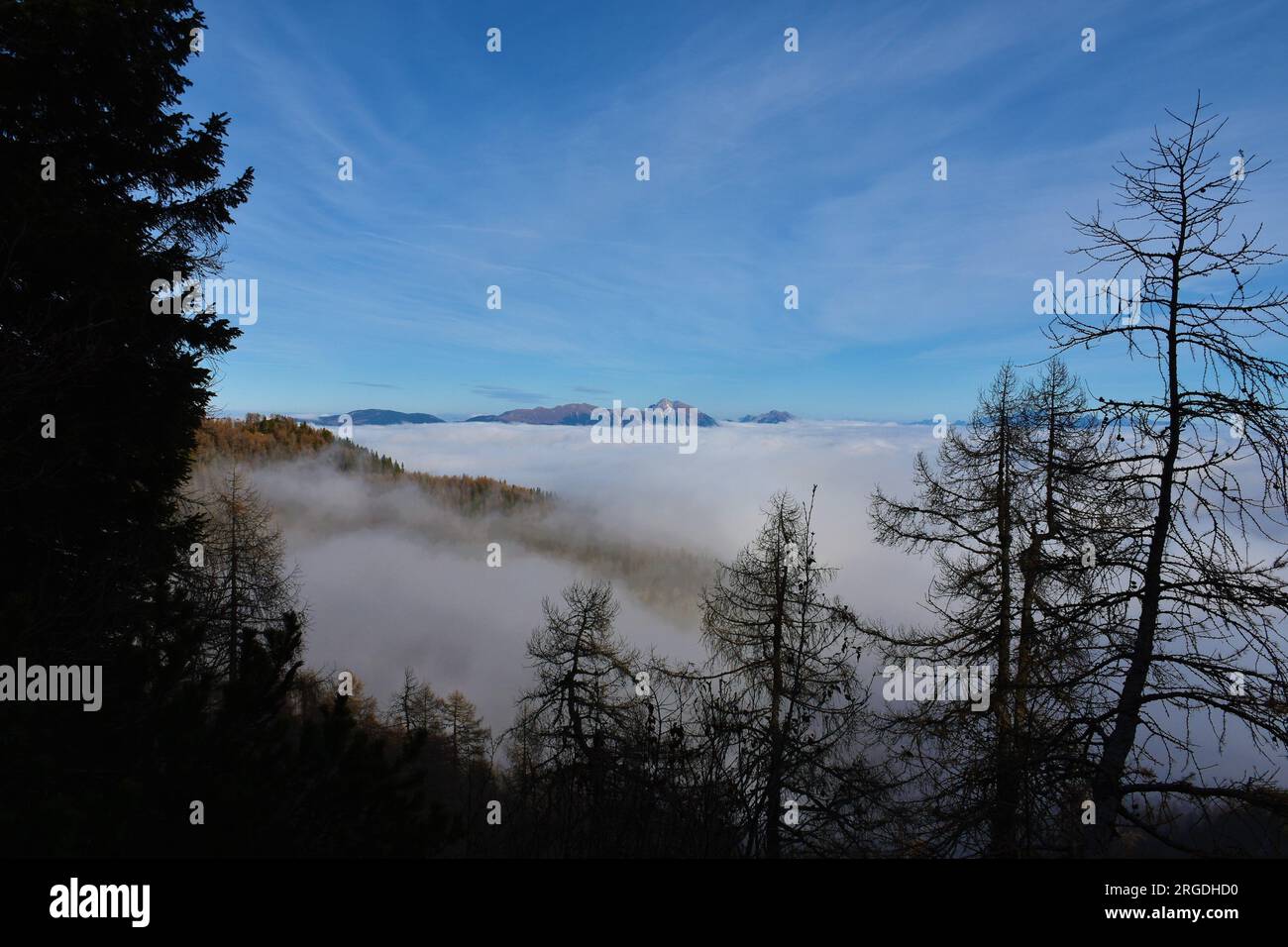 Malerischer Blick auf die Karavanke- und Kamnik-Savinja-alpen in Gorenjska, Slowenien, über den Wolken Stockfoto